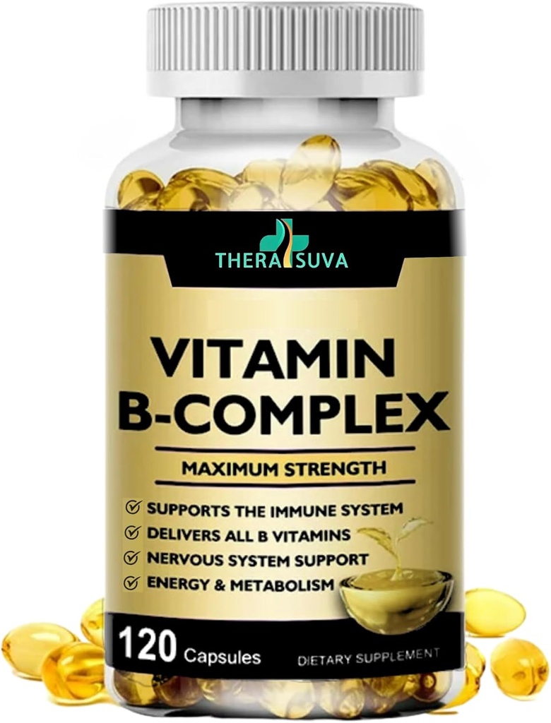Max Strength Vitamin B- Complex + CoQ10 + Vitamin C - Vysoký potenciál přírodní doplněk pro podporu energie a metabolismu - 120 Softgels, 60 denní dodávka