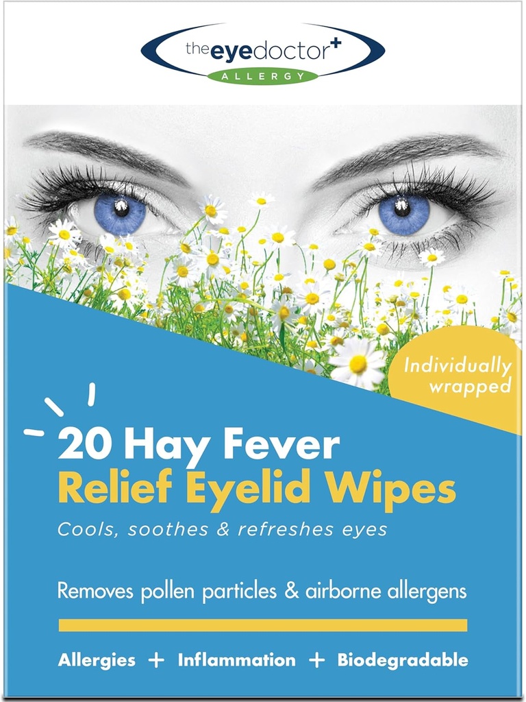Eye Doctor Hay Fever Relief Eyelid Wipes - 20x Jednoúčelové oční Wipes pro alergiky a Hayfever - Zánět, Vlhké oči, bolesti hlavy a migrény - Chlazení Soothing Relief