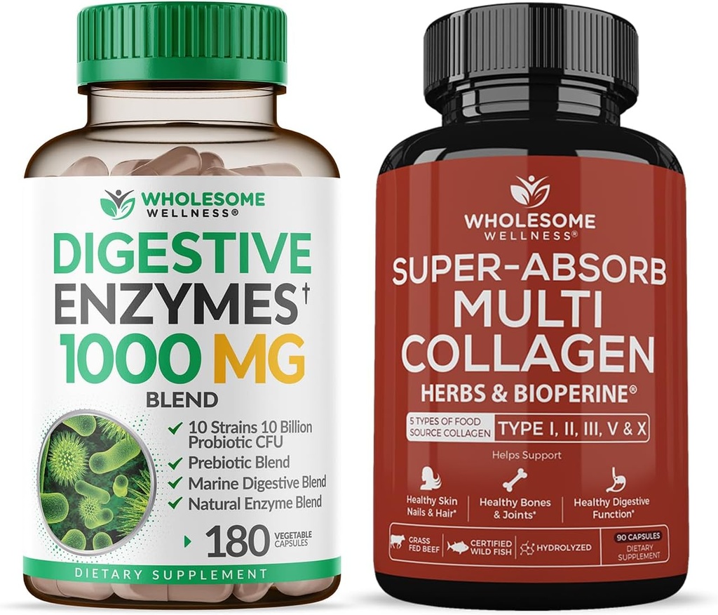 Zdravé Wellness trávicí enzymy 1000MG Plus Prebiotika & Probiotika Dodatek + Super- Absorb Multi kolagen pilulky (typ I II III V X) Organické Byliny a Bioperine Bundle