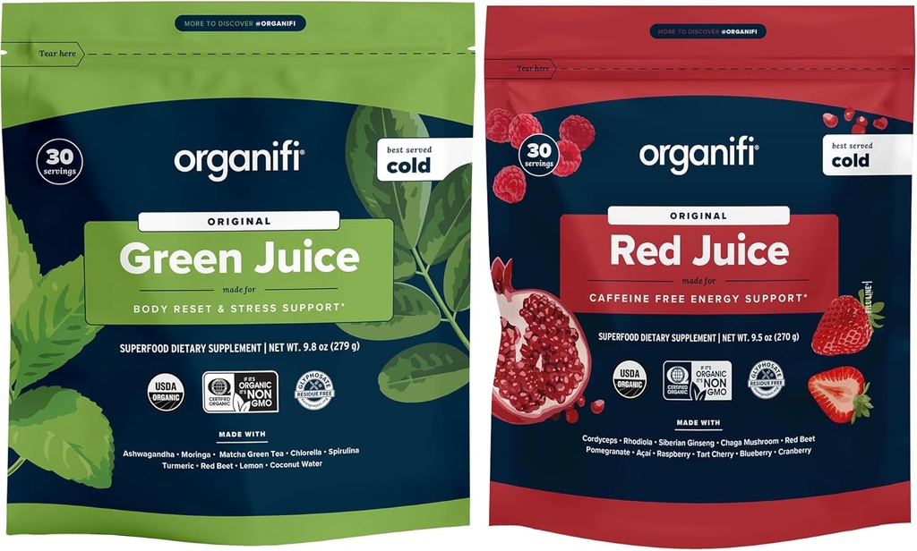 Organifi Green Juice a Red Juice Bundle - 30 Day Supply - Delicious, Osvěžující Organic Superfood dodatek Prášek s antioxidanty na energii a stres Relief Support - No GMO, gluten, nebo Soy