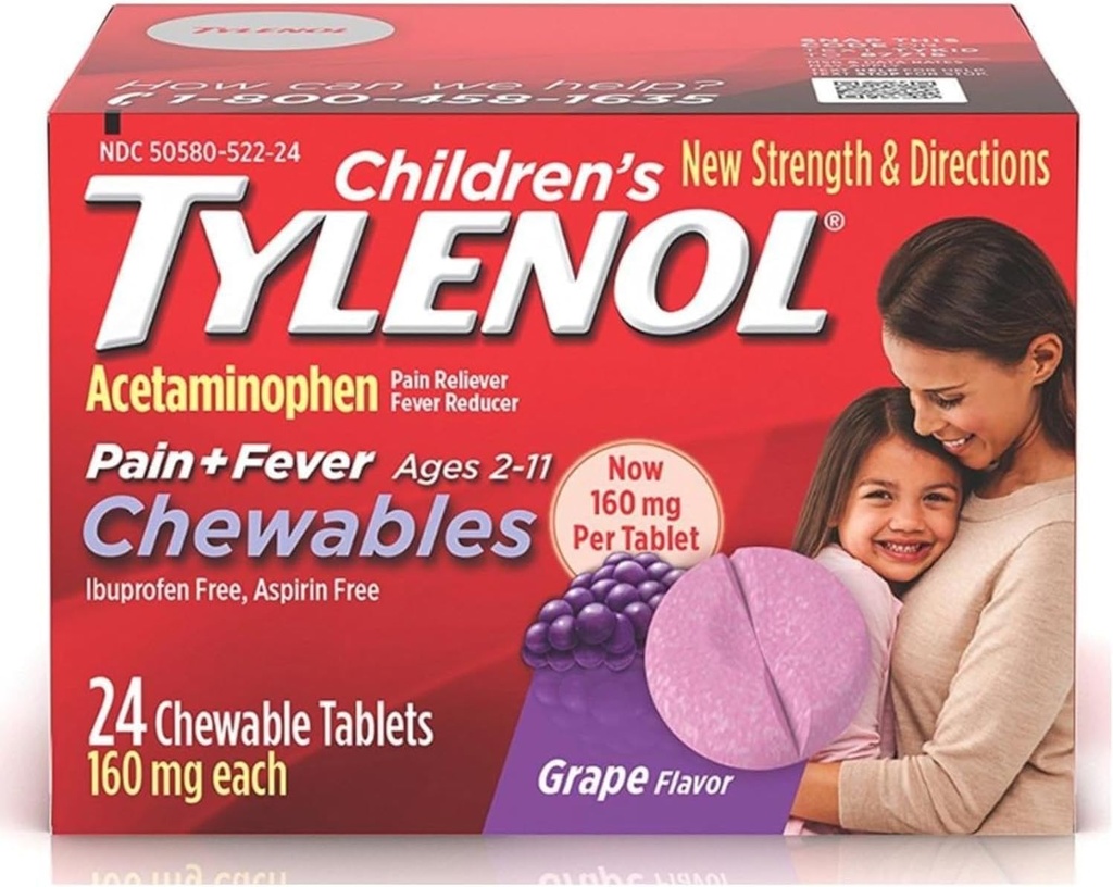 Tylenol Dětská bolest + Horečka Žvýkací tablety 160 mg, Grape Flavor 24 ea (3 balení)