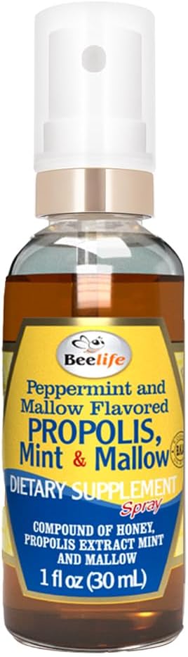 Beelife Propolis Krční sprej - Soothing Honey, Mint & Malva - Přírodní imunitní podpora & Sore Krční pomoc, antioxidanty, bohaté na flavonoidy & Artepilin C, No Sugar, gluten- Free - 1- Pack, 30ml