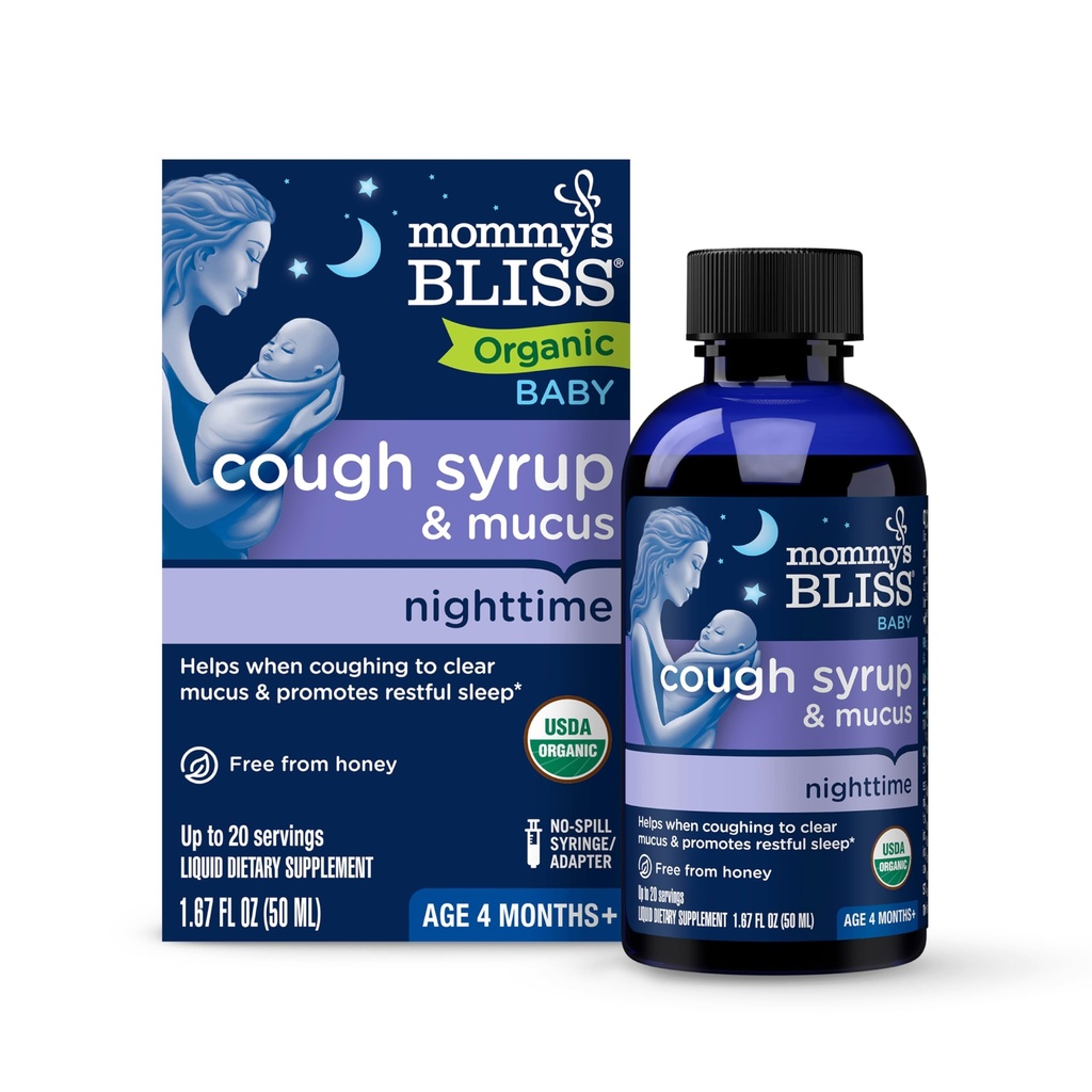 Maminčin Bliss Organic Baby Cough Syrup & Mucus Night Time, Obsahuje organické Agave a Ivy Leaf, Made for Babies 4 měsíce +, 1.67 Fluid Ounces