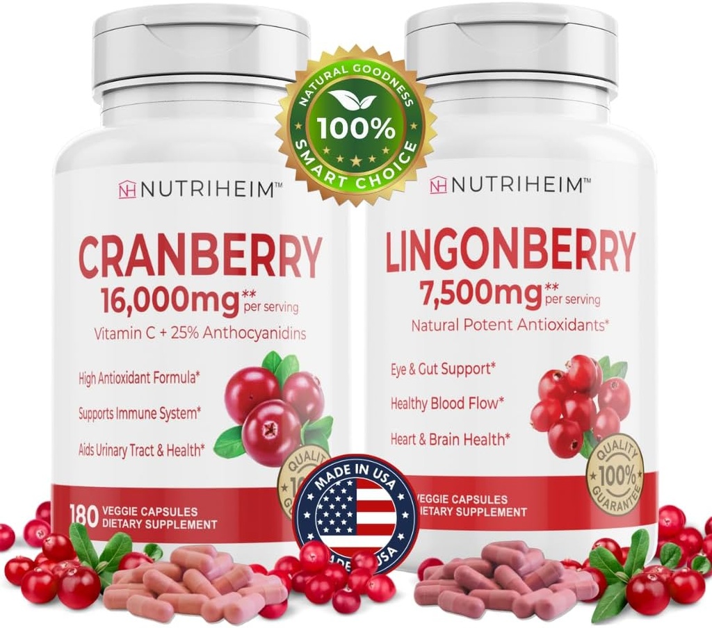 Všechny v jednom PAC Bundle - Cranberry & Lingonberry Kapsle - Vitamin C a 25% Proanthocyanidins pro močový trakt, Gut Health, Antioxidant Support - Non- GMO, gluten- Free, Vegan dodatek