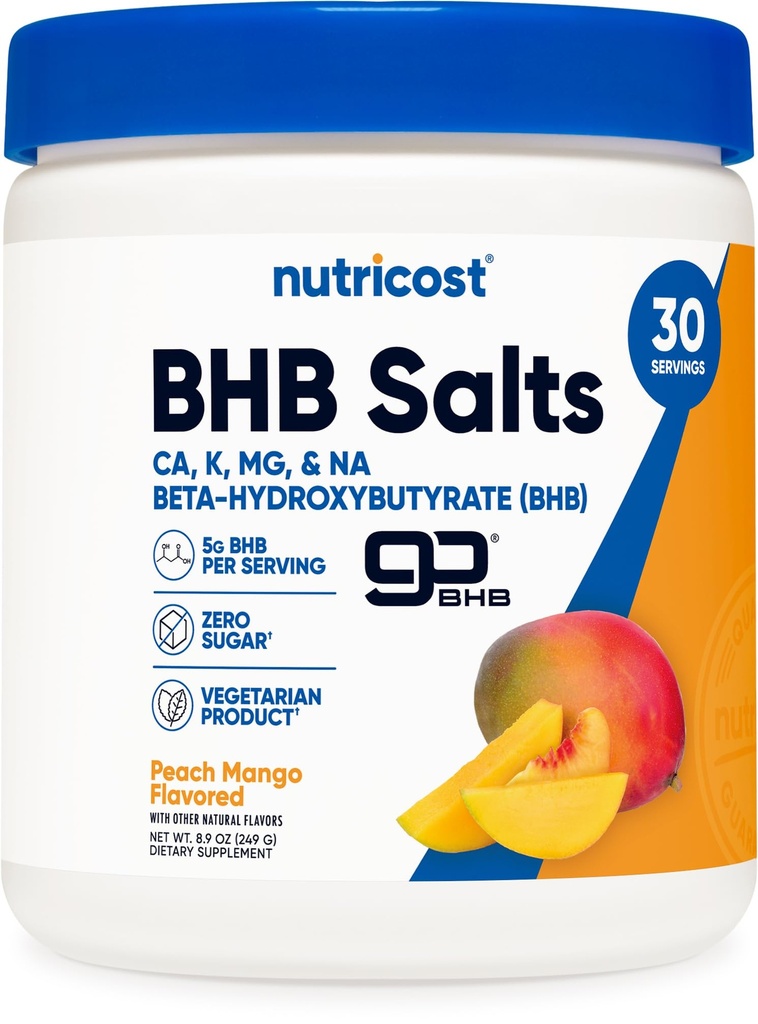 Nutricost BHB Salts Drink Mix (30 Servings, Peach Mango ochucené) (5G BHB Per Serving) - 0G Total Sugars, Vegetarian Product