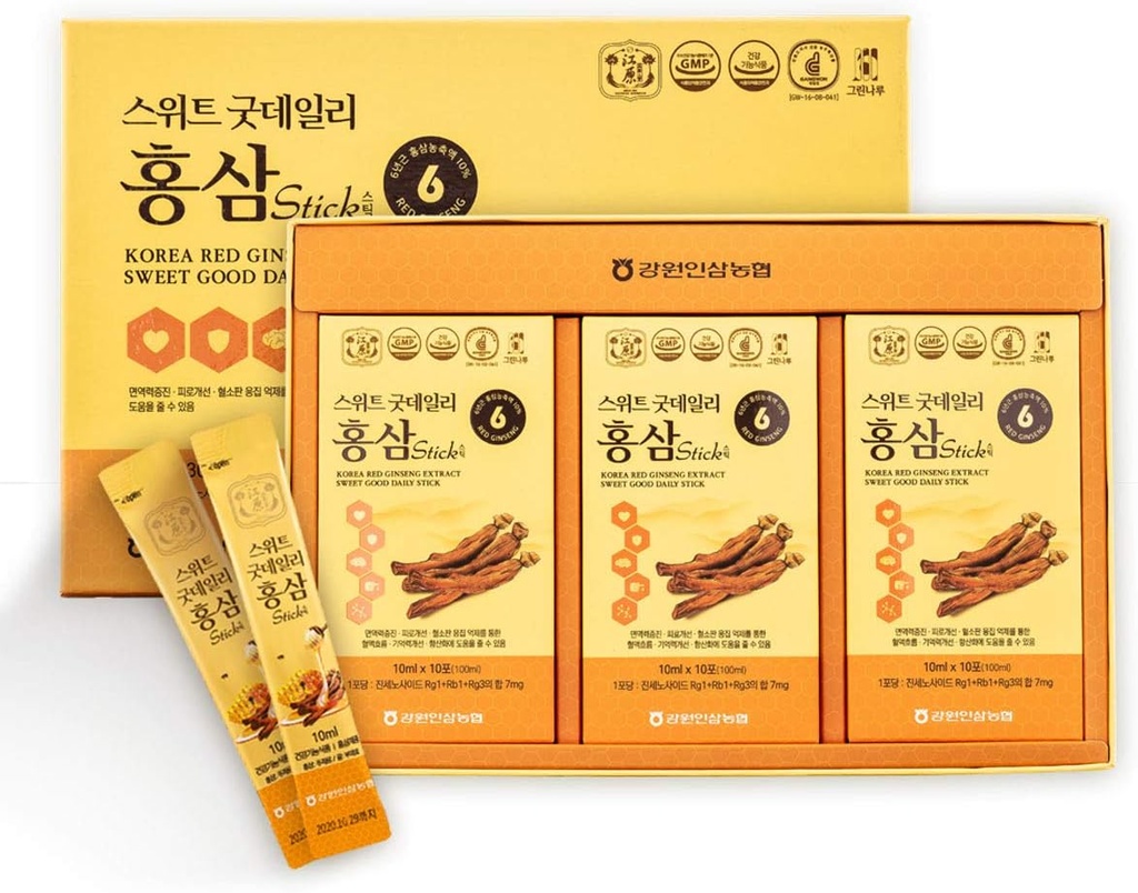 [Gangwoninsam] Korean Red Ginseng Extract Sweet Good Daily Stick 30 Count - Obsahuje 6 Rok Korean Red Ginseng Extract, Korean Food, Individual Packaged, 0.35 f. oz (10ml), 3 X 10-Count Box