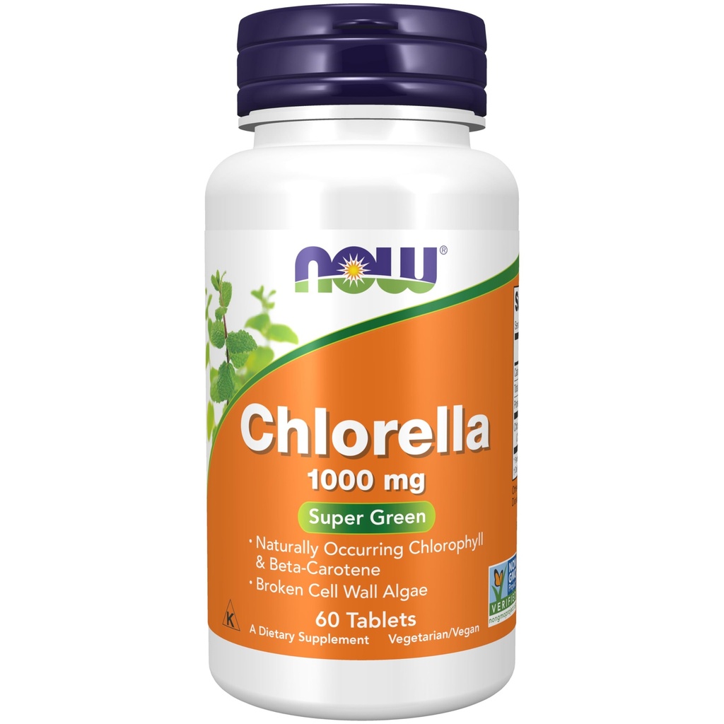 Nyní Potraviny Doplňky, Chlorella 1000 mg s přirozeně se vyskytujícím chlorofylem, betakaroten, smíšené karotenoidy, vitamin C, železo a protein, 60 tablet