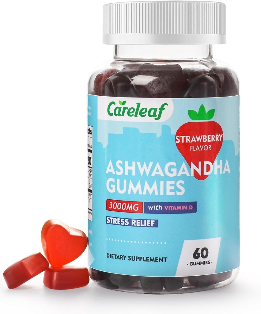 Vegan Ashwagandha Gummies- 3000mg Extrakt z vysoce potentní Ashwagandhy s vitaminem D2 D2 D2 124; Jahodový flavor 124; 60 Cts / láhev