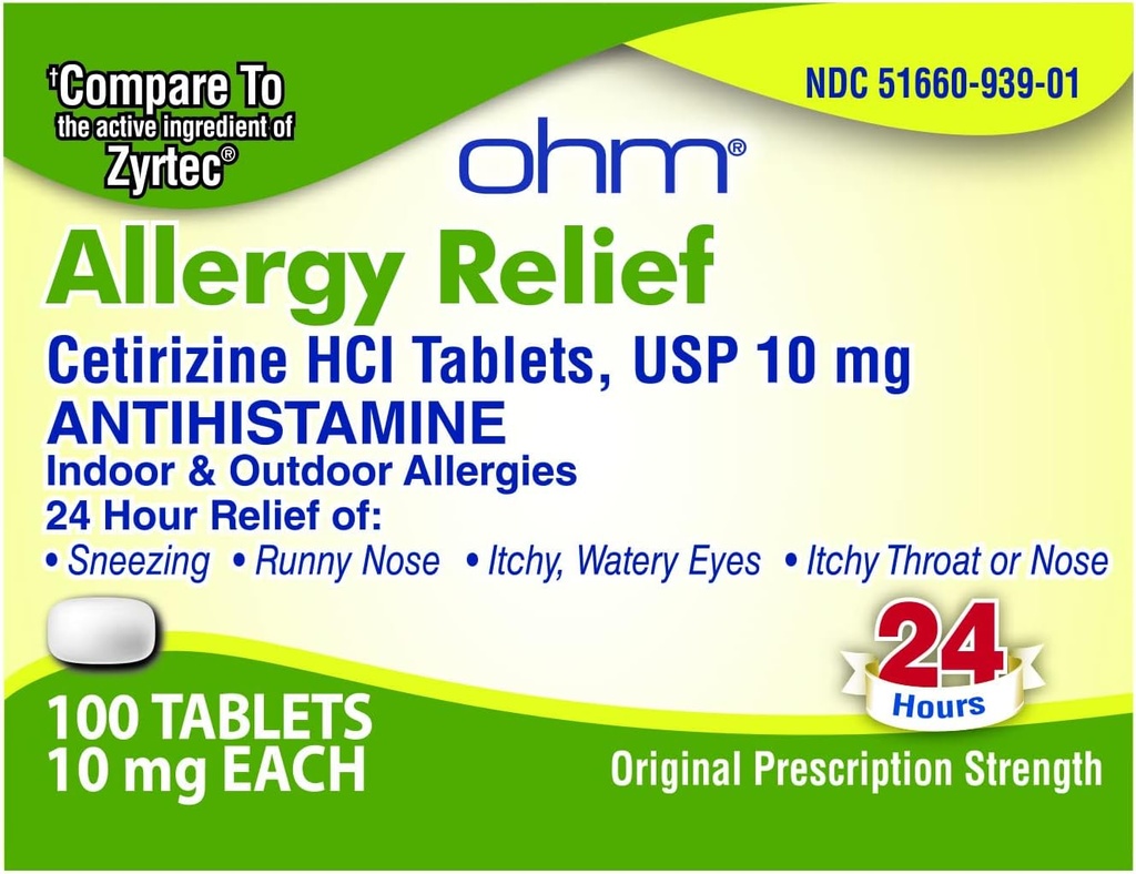 Ohm Cetirizin 10 mg Tablet - All Day Alergics Relief - 100 Count - Anti- Histamine for Hay Fever, Pollen, Such Itchy Eyes - Efektivní úleva od All Day Alergie