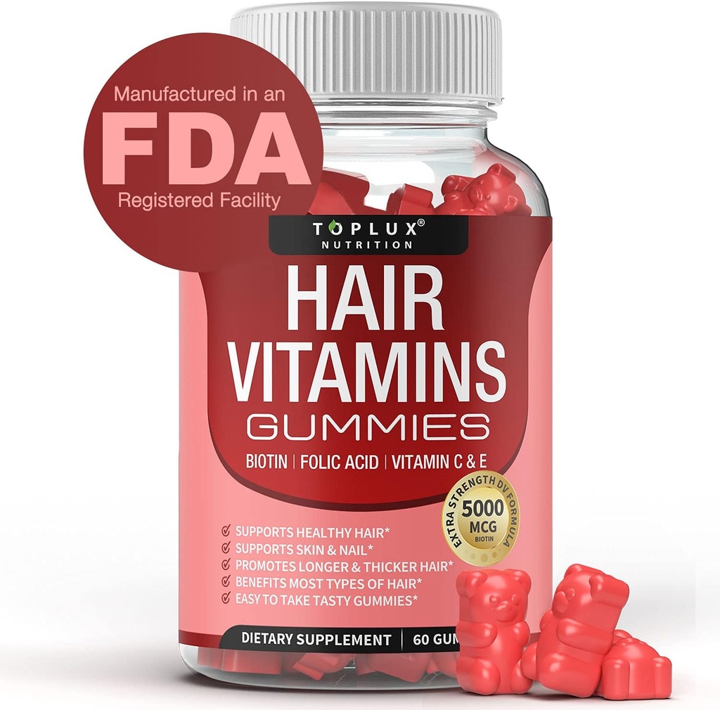 Vlasové vitamíny Gummies Dodatek pro ženy a muže - Růst vlasů Vitamíny 5000mcg Biotin Gummies, kyselina listová, vitamín C & E, Podpora silnější vlasy, kůže, nehty, Non- GMO Vegam pro, 60 Počet