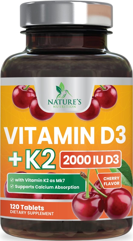 Vitamin D3 K2 2000 IU Plus s K2 (MK-7) 75 mcg - Vitamíny D & K Komplexní dodatek pro kosti, zuby, svalovina, absorpce vápníku, podporuje imunitní a srdeční zdraví, Non- GMO žvýkací vzorec - 120 Tablety