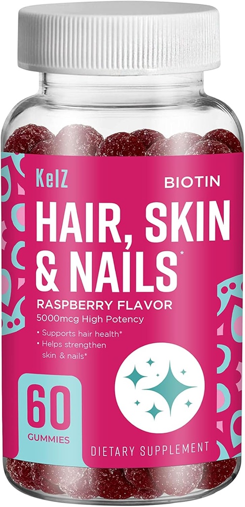 KelZ Biotin vlasy, kůže a hřebíky dodatek gumy, Malina Flavor, 60 Počet (balení po 1)