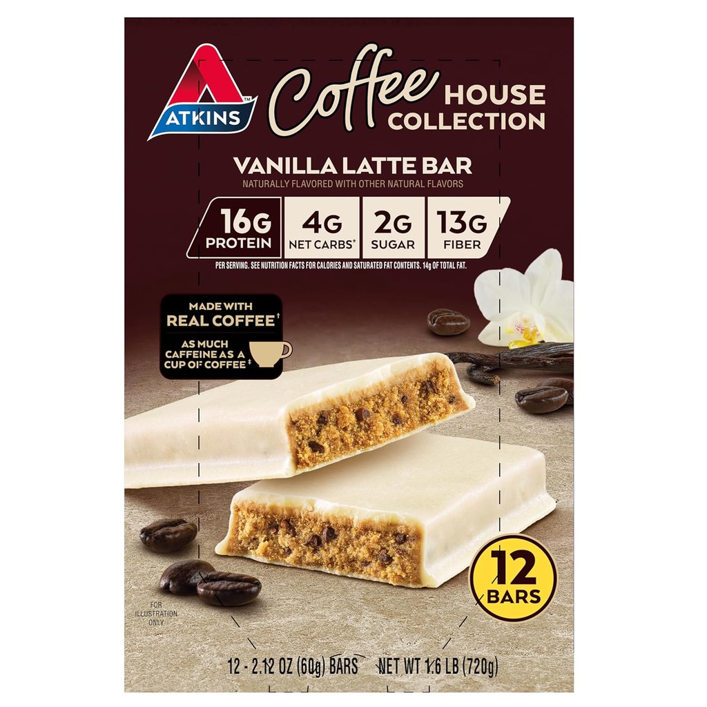 Atkins Coffee House Collection Vanilla Latte Bar, 16g Protein, 2g Cukr, 4g Net Carbs, 13g Fiber, 12 Počet