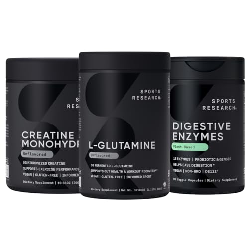 Sportovní výzkum L- glutamin (100 Služeb), kreatin monohydrát (60 Služeb) a trávicí enzymy s probiotika & Ginger (90 Služeb) - Všechny non-GMO ověřené, Vegan & gluten zdarma