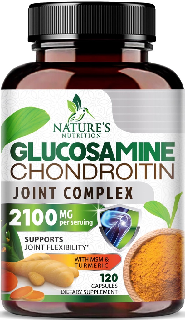 Glucosamine Chondroitin MSM 2100mg Complex - Společná podpora doplněk pro společnou mobilitu a pohodlí pro muže a ženy s kurkumou & Bohwellia, Triple Strength Glucosamine doplňky - 120 Kapsle