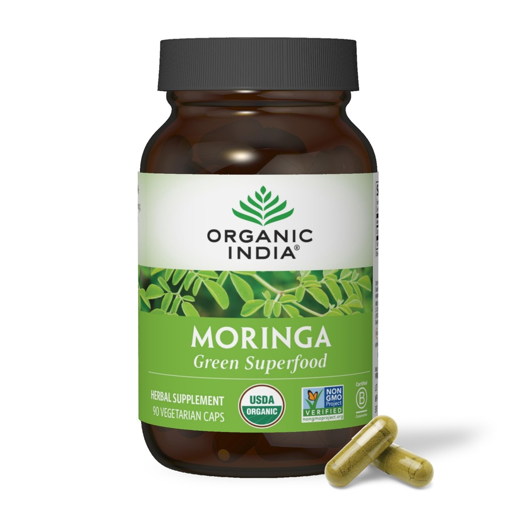 ORGANICKÁ INDIA Moringa Kapsle Organické - Moringa dodatek - Zelená Superfood, Moringa Leaf Kapsle, Čistá Supergreen, Vegan Zelené, Příroda Multivitamin, Vegan, Gluten- Free - 90 Kapsle