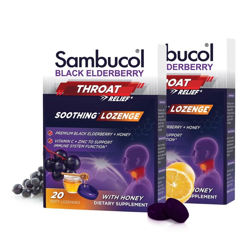 Sambucol Black Elderberry Throat Lozenge - s medem, Vitamin C & Zinek, Elderberry Lozenges Sore Throat & Cough, Soothes Scratchy Throat, podporuje imunitu, Soft & Chewy - 20 Počet, 2-Pack