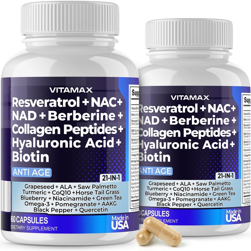Vitamax Resveratrol NAD + Berberine Hyaluronic Acid - Biotin Grape & Blueberry + NAC - Collagen Peptides - Vlasy, hřebíky, kůže a společné doplňky - 21- in-1 Ženy a muži - Made in USA - 120 Počet