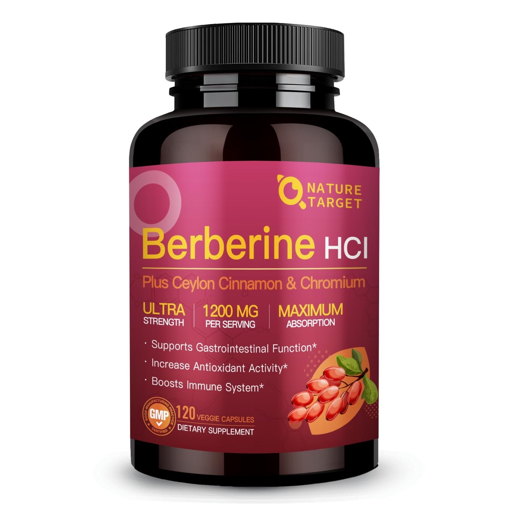 NATURE TARGET Berberine HCl 1200mg, dodatek Berberine with Ceylon Cinnamon, Chromium - Podporuje imunitní, Gastrointestinální a srdeční zdraví, Non- GMO, 120 Kapsle