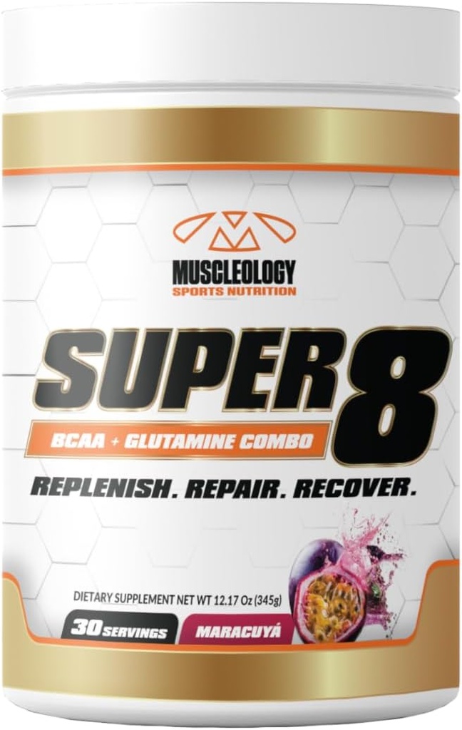 MUSCLEOLOGIE Super 8 High Performance BCAA, Electrolyte & glutamin Směs Formule - Post- Workout Recovery a Muscle Building Dodatek, 30 Serving (Maracuya)