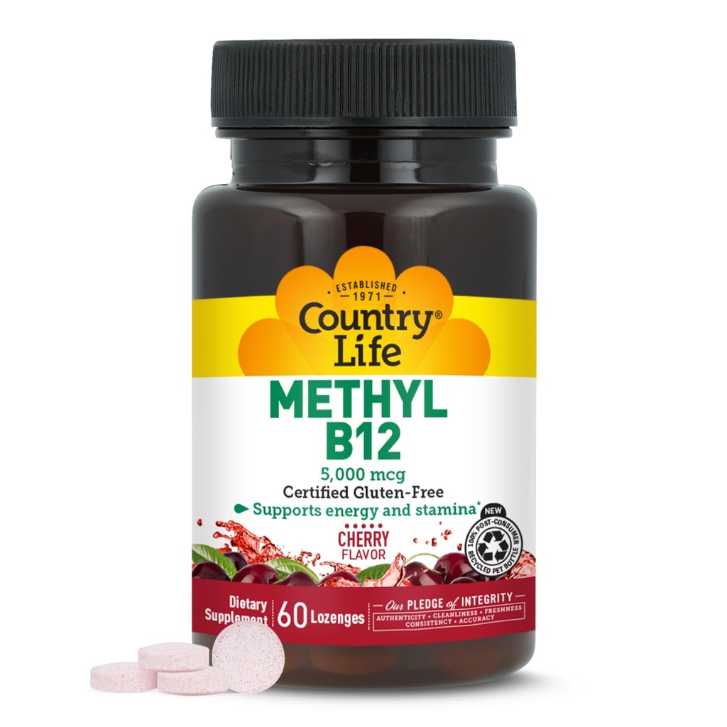 Country Life Methyl B12, podporuje Energy & Stamina, 5,000mcg, 60 Lozenges, Certified gluten zdarma, Certified Vegan, Certified Non- GMO Ověřeno
