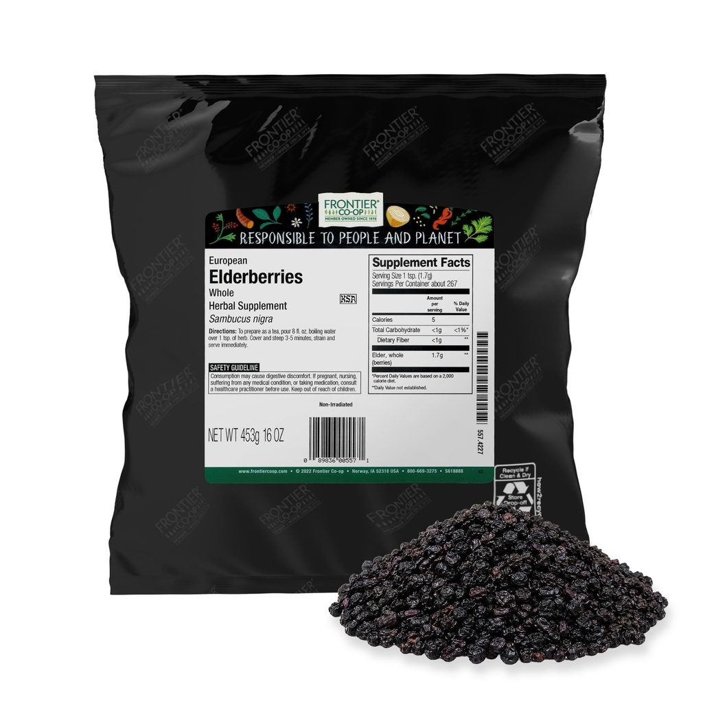 Frontier Co- op Sušené bezinky, 2lb Bulk Bag, celé Berry - Kosher a Non-GMO Sušené ovoce pro bezinky Powder, čaj a sirup