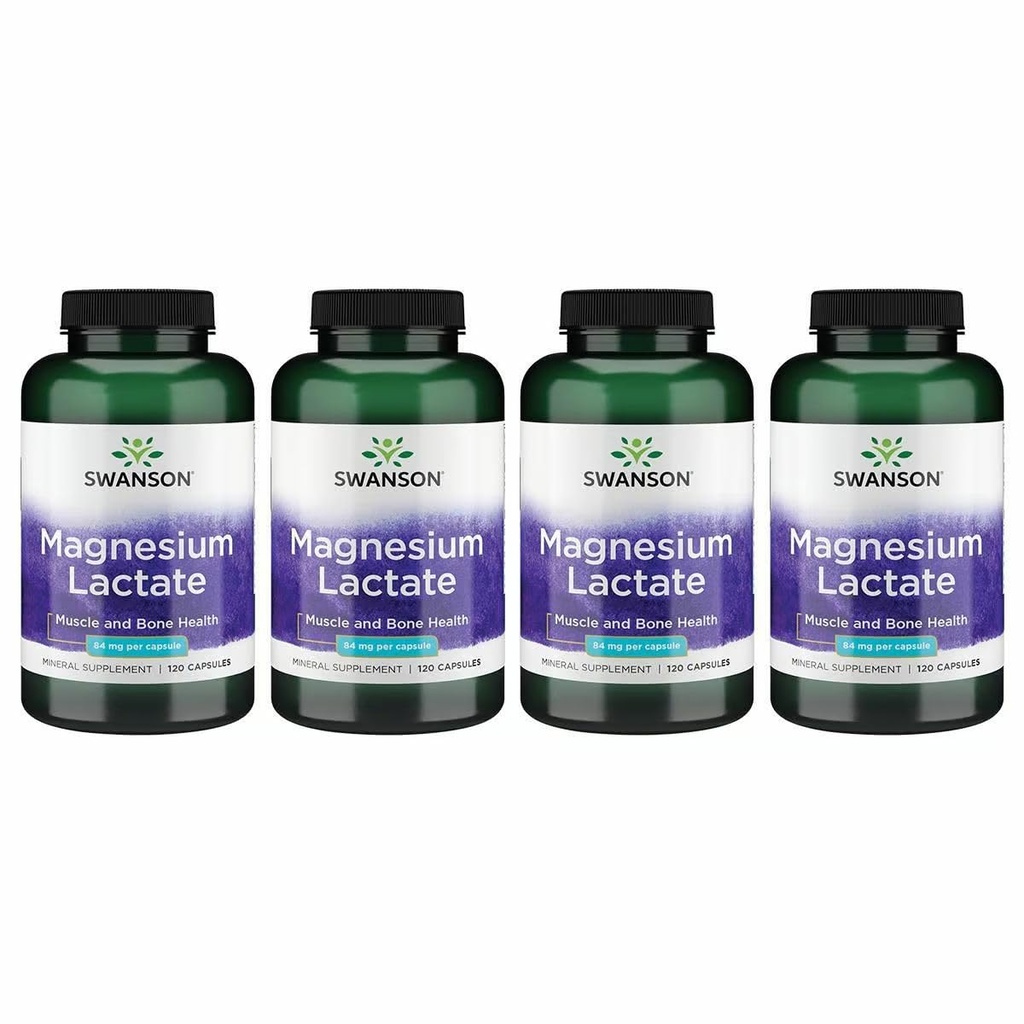 Swanson Magnesium Laktát - Minerální dodatek Podpora svalů a kostí Podpora zdraví - Lactose- Volný laktát minerální forma pro jemnou absorpci - (120 Kapsle, 84mg každý) 4 Pack