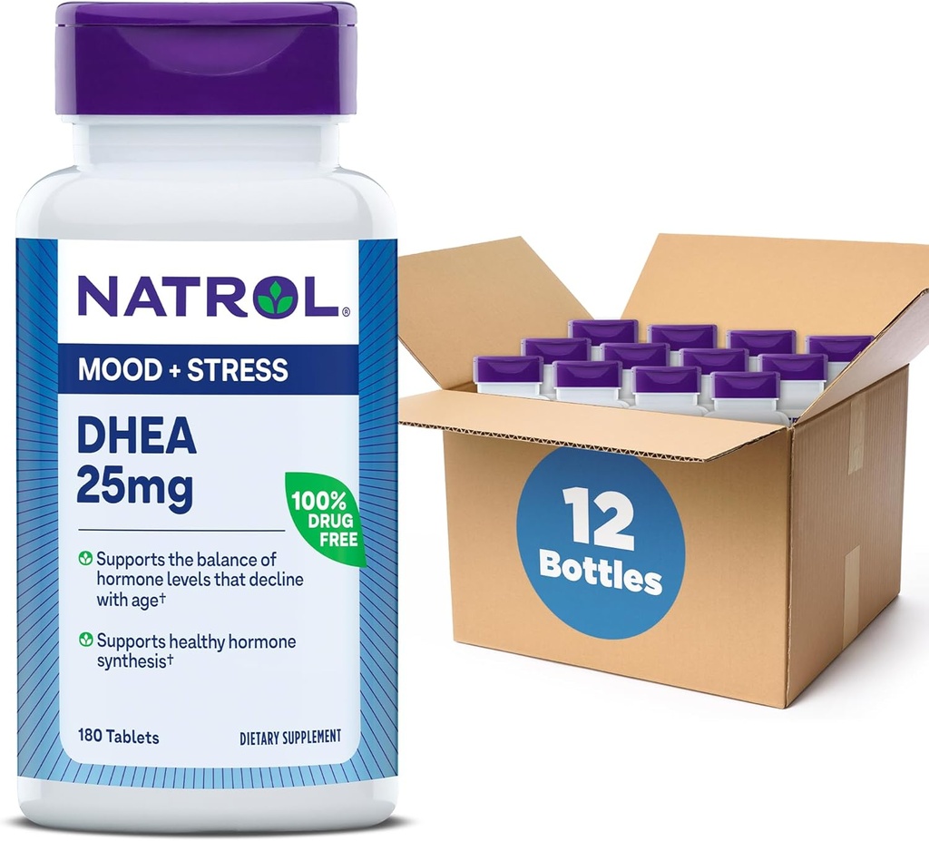 Natrol Mood & Stress DHEA 25mg s vápníkem, Dietní dodatek pro rovnováhu některých hormonů a Mood Support, 180 Tablety, 180 Day Supply (Balení 12)