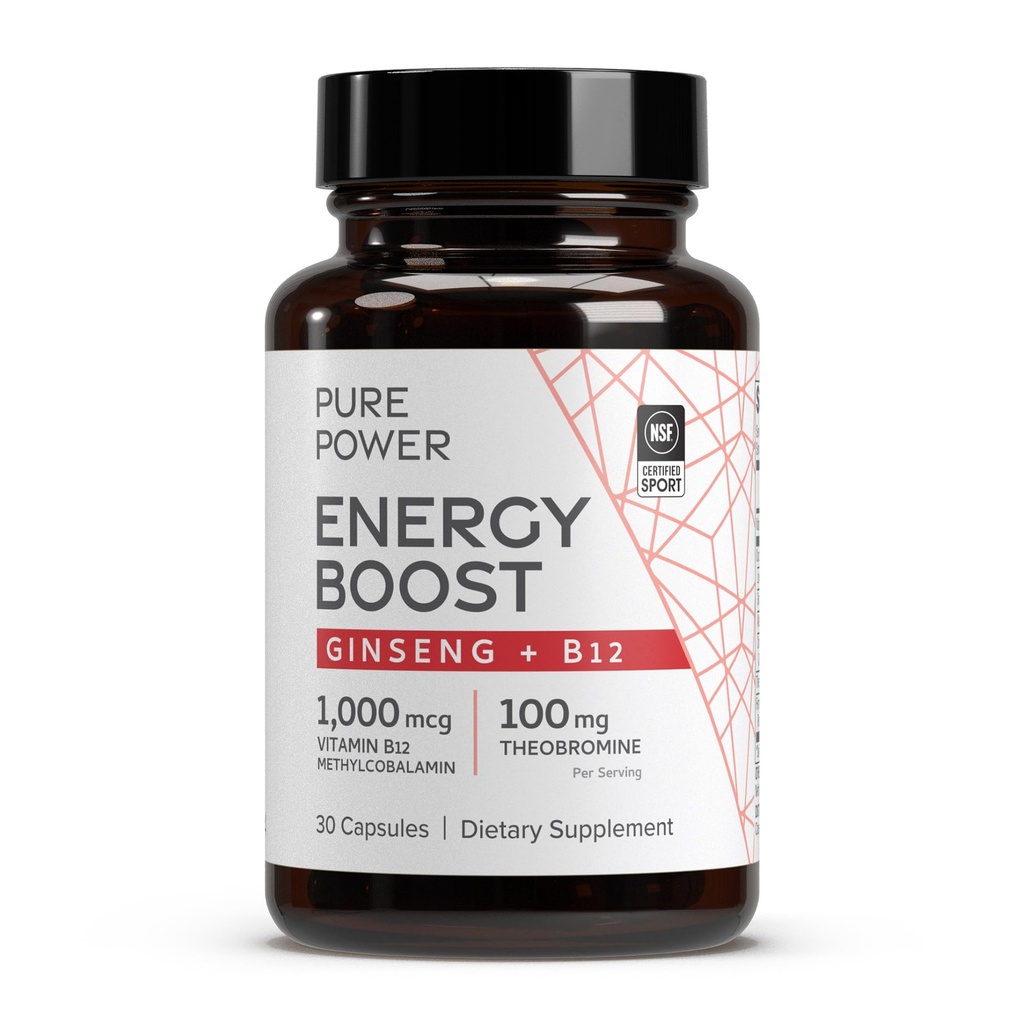 Dr. Mercola Pure Energy Boost, 30 Servings (30 Kapsle), ženšen + B12, Dietní dodatek, Zvyšuje fyzickou a duševní energii, Non- GMO