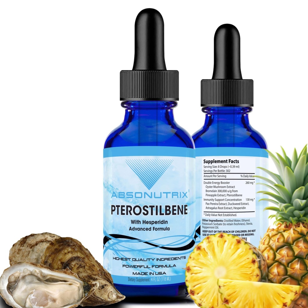 Absonutrix Pterostilbene with Hesperidin 390 mg, 4 Oz Liquid, 300 Servings, Made in USA, Quick Absorpce, Kvalitní potentní složky, Non- GMO, GMP Certified Facility, Cruelty-Free Products