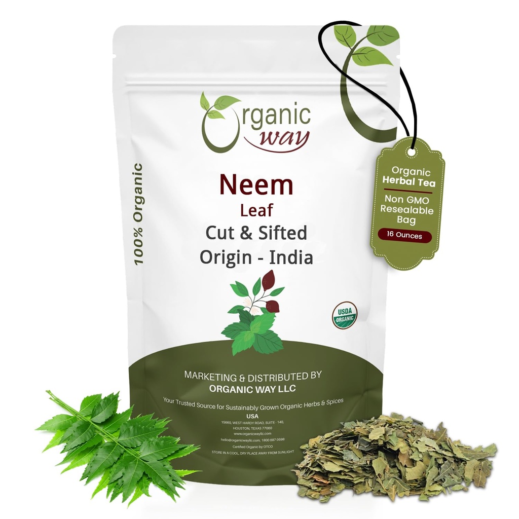 Organic Way Neem Leaf Střih a prosévání 124; Bylinný čaj 124; Premium Neem Leaf 124; USDA Certified OF 124; Non GMO & Gluten Free OF 124; Původ - Indie (16 oz - 1 libra)