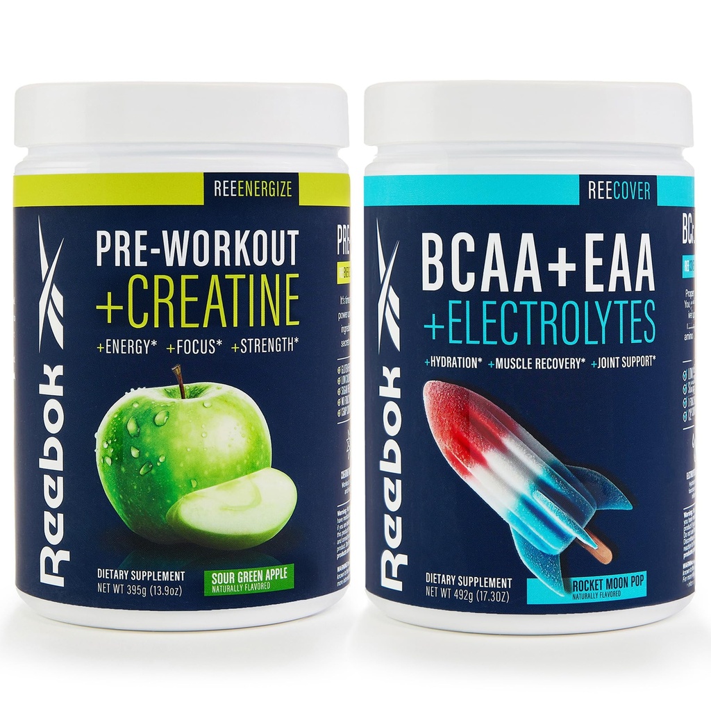 Reebok REEEnergize & REECover Bundle CLANE124; Předcvičení + BCAA Performance Pack CLANE124; Sour Green Apple & Rocket Moon Pop CLANE124; Kompletní systém výcviku