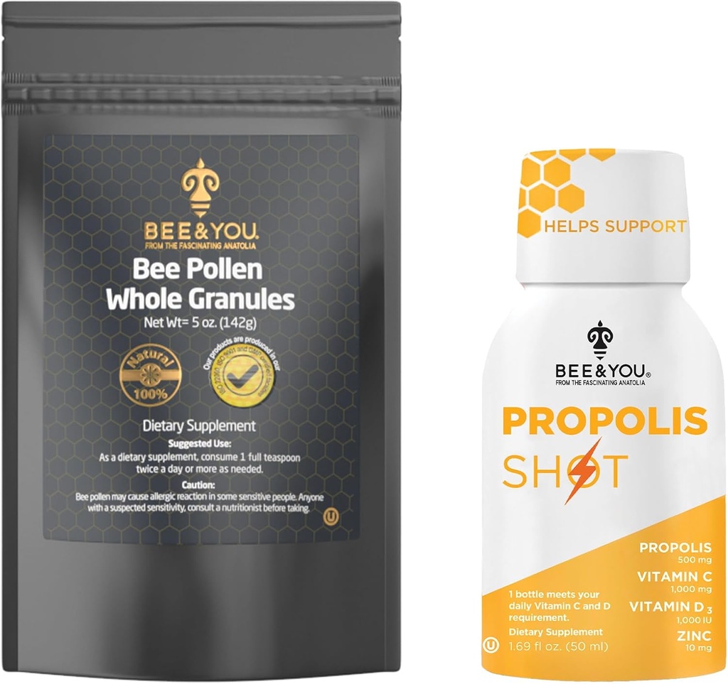 Bee and You Propolis Shot 12 Lahve a Bee Pollen Bundle, přírodní dodatek, Bee Propolis, Antioxidanty, proteiny, Vitamíny, Amino kyseliny, pro dospělé, ženy, Já