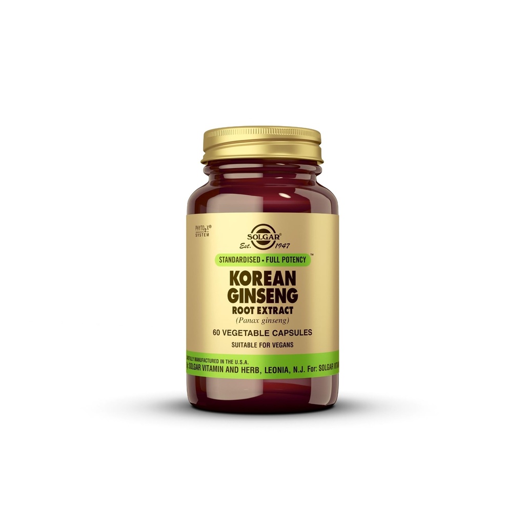 Solgar Korean Ginseng Root Extract, 60 Zeleninové kapsle - Imunitní podpora - Standardizovaná, plná potence (SFP) - Non- GMO, Vegan, Gluten Free, Dairy Free, Kosher - 60 Služeb