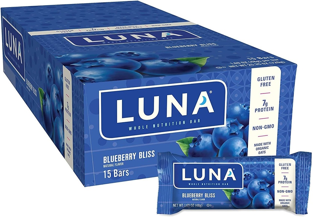 LUNA - Gluten Free Snack Bary - Blueberry Bliss Flavor - 7g proteinu - Non- GMO - Plant- based Worsome Snacking - Na Go Snacks (1.69 Ounce Snack Bars, 15 Počet)