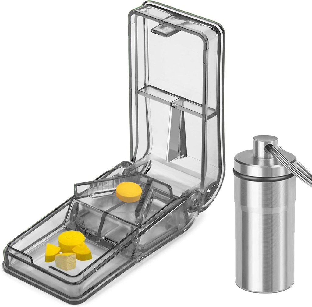 JohnBee Pill Cutter 124; Nejlepší Pill Cutter pro malé nebo velké pilulky 124; Navrženo v USA 124; Cuts Vitamíny 124; Pill Splitter se štítem 124; Zahrnuje Keychain Pill Holder (Gray)
