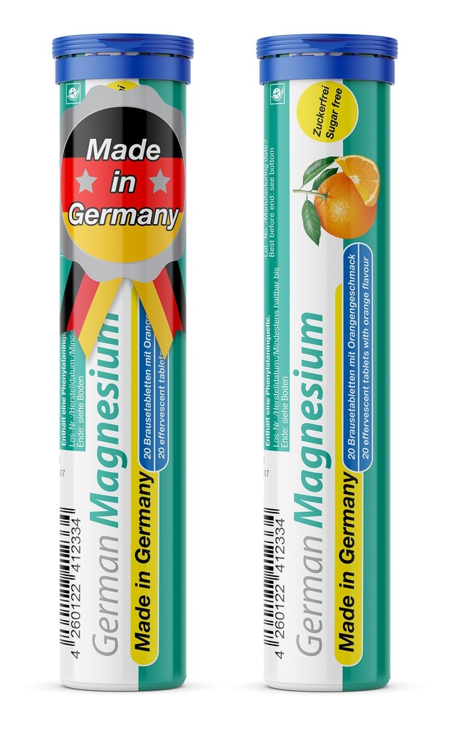Německý dodatek k oxidu hořečnatému 124; Effervescentní tablety 124; Orange Flavor - 200 mg hořčíku na porci 124; bez cukru, Vegan - T & D Pharma - Made in Germany