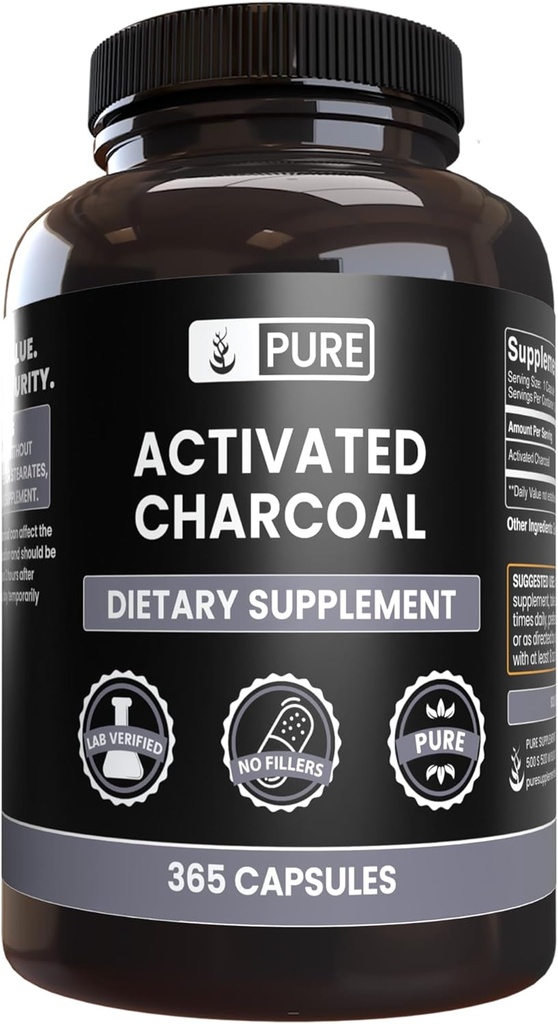 Čisté původní ingredience Activated Charcoal, No Magnesium or Rice Fillers, Vždy čisté, Laboratoř ověřen (365 Počet)