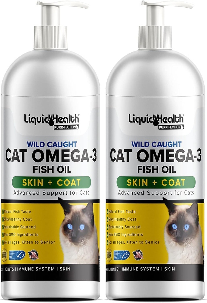 Liquid Health Wild Chycený Omega 3 Rybí olej pro kočky - Liquid Omega 3 dodatek pro kočky s EPA + DPA + DHA - Snižte svědění, Podpora kloubu, imunitu, mozek, srdce zdraví - Made in the USA (2 Pack)