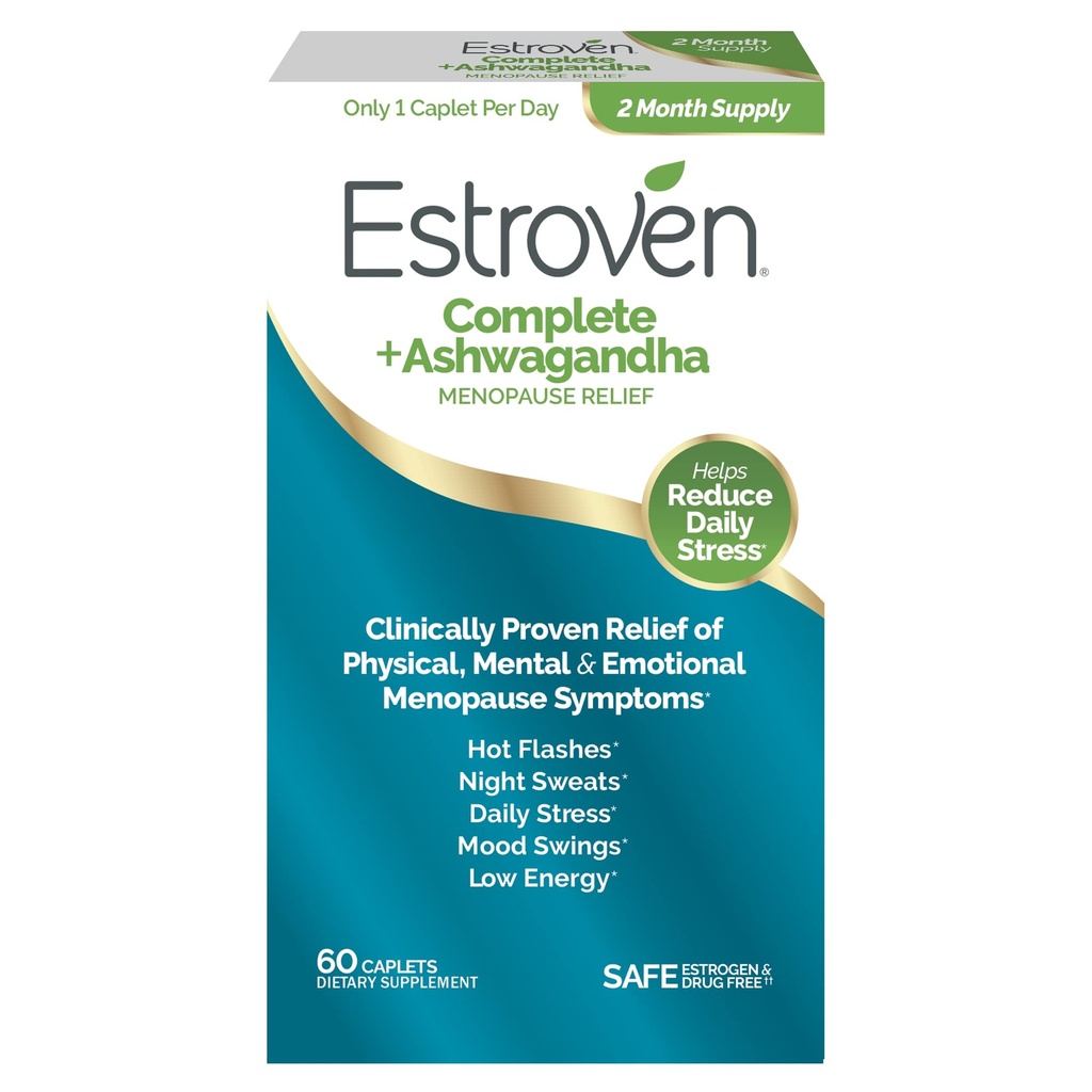 Estroven Complete + Ashwagandha Multi- Symptom Menopauza Dodatek pro ženy - 60 Ct. - Klinicky osvědčené přísady poskytnout Menopauze Relief & Night Sweats + Hot Flash Relief * - Drog- Free & Non- GMO