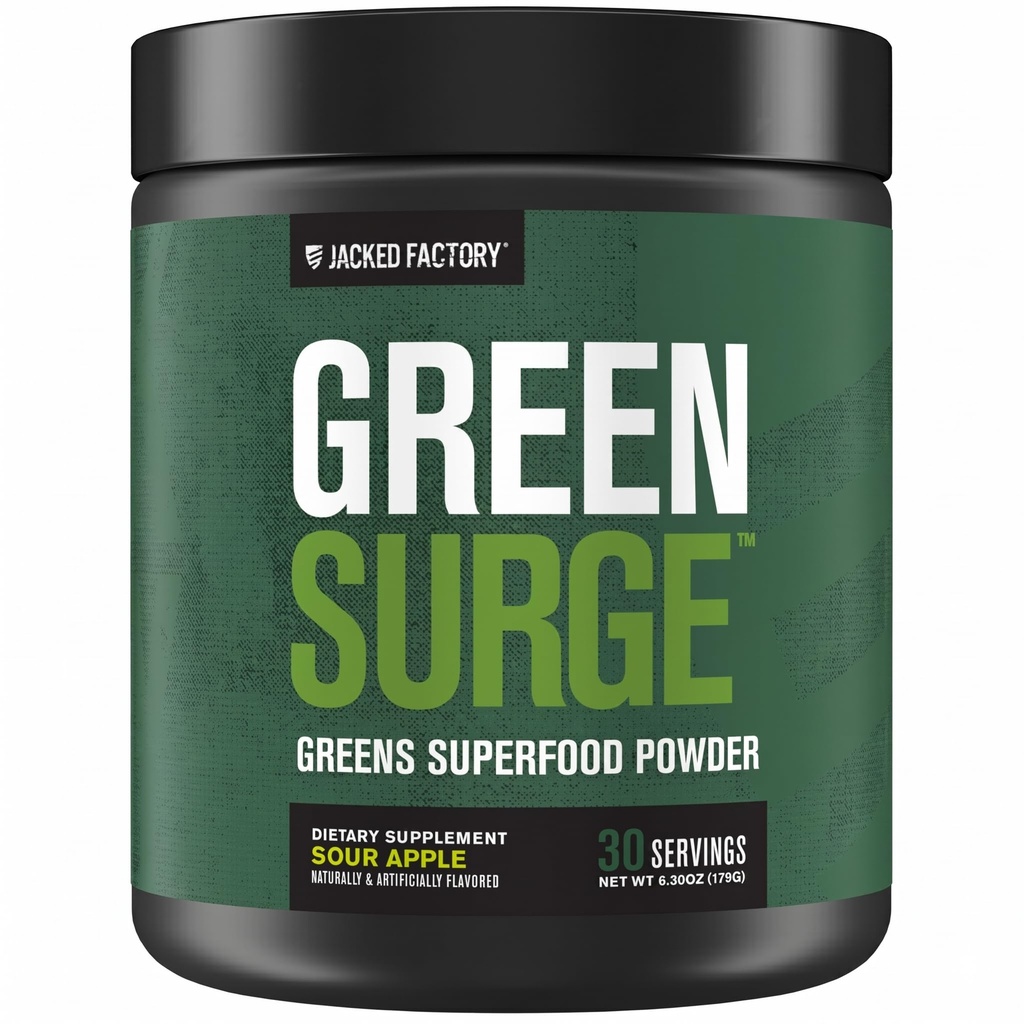 Jacked Factory Green Surge Green Superfood Powder- Keto Friendly Greens Drink w / Spirulina, Wheat & Barley Grass, Organic Greens - Green Tea Extract, Probiotics & Digestive Enzymes - Sour Apple