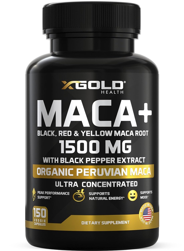 X Gold Health Organic Maca Root Powder Capsules 1500mg s černým capsules 124; Red & Yellow Peruvian Maca Root Extract Gelatinized, Energy & Mood dodatek pro muže a ženy + Black Pepper pro nejlepší výhody