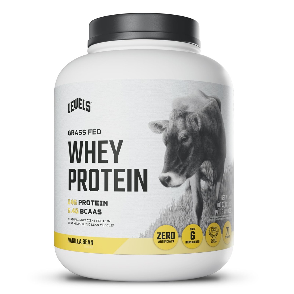 Levels Grass Fed Whey Protein Powder, No Manufaccials, 24G Protein, Vanilla Bean, 5LB