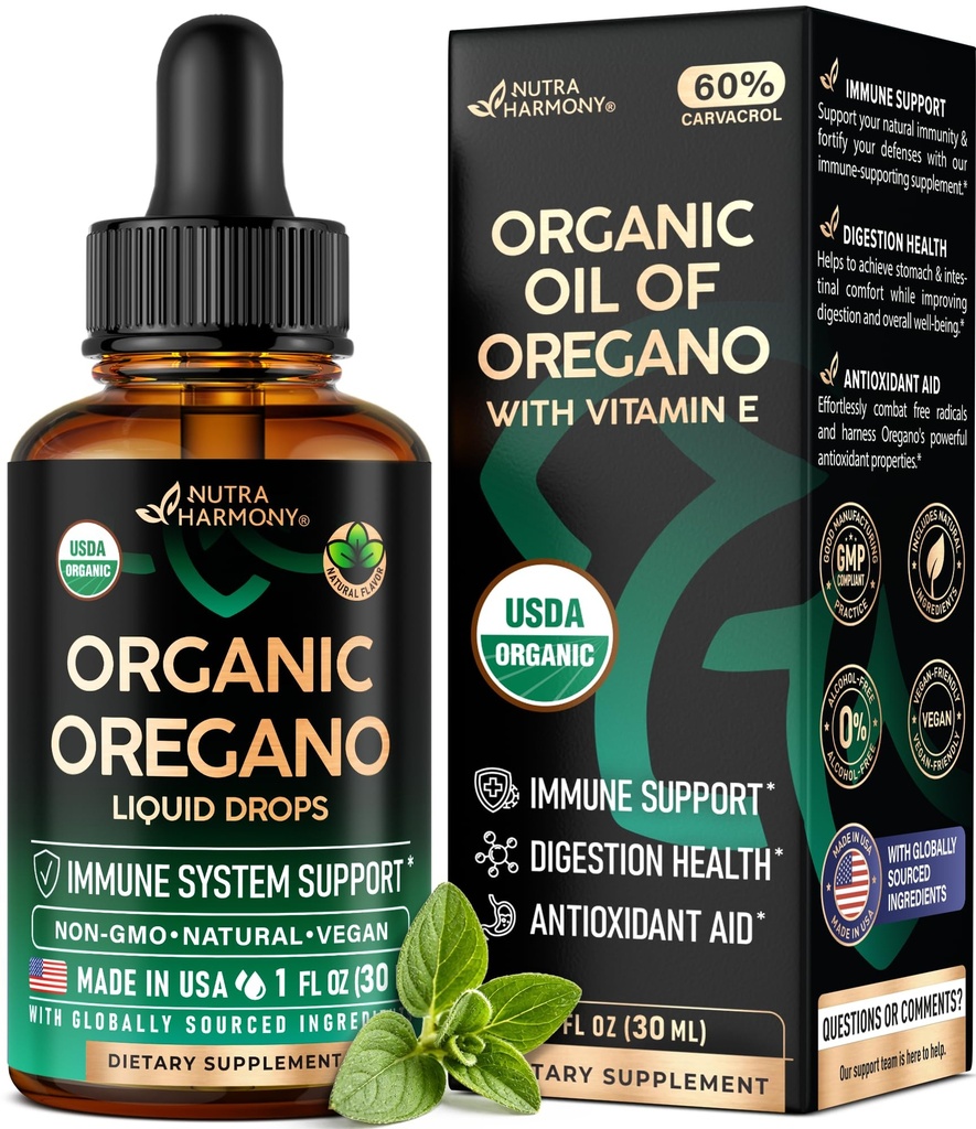 USDA Organic Oil of Oregano - Liquid Drops with Vitamin E - Made in USA - Doplněk pro imunitní podporu, Digestion Health & Antioxidant - Non- GMO, Natural, Vegan - Jako pilulky, Kapsle, Softgels 1 fl oz