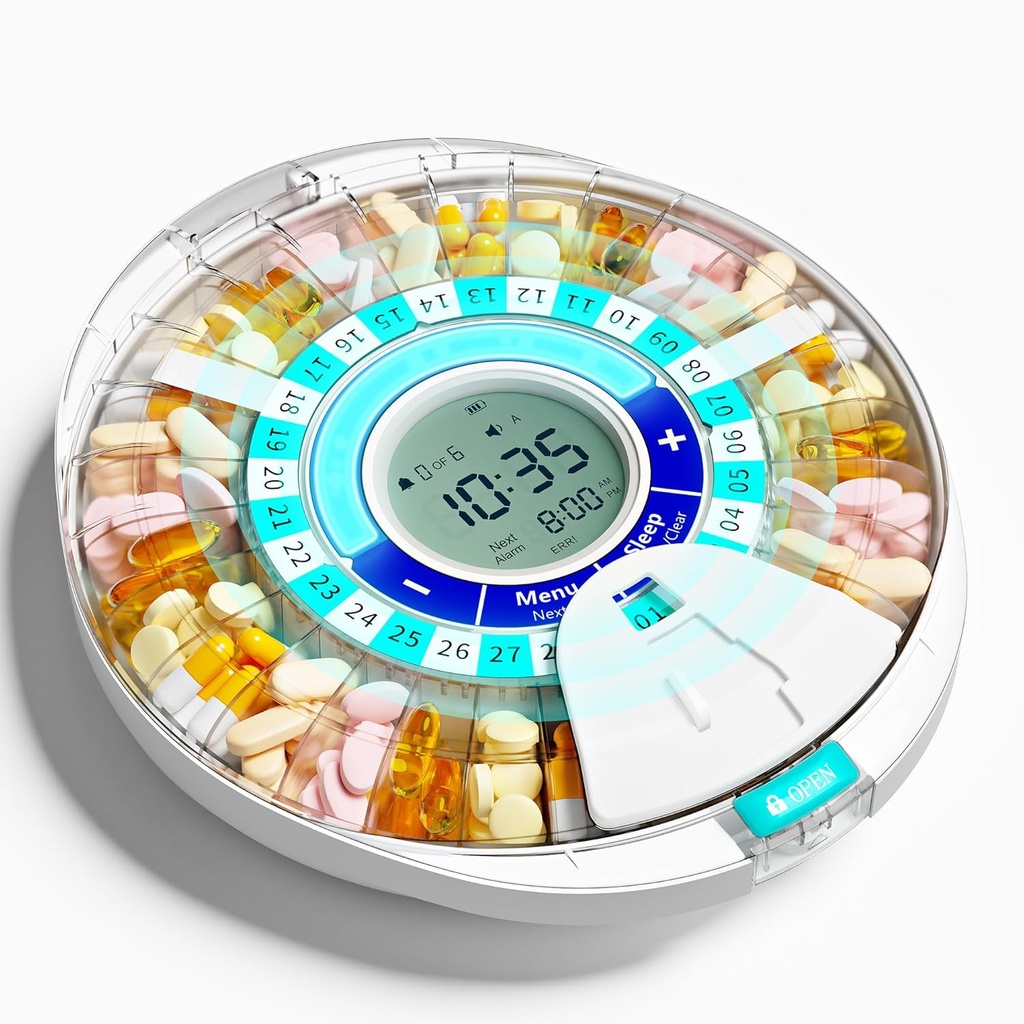 Aktualizovaný Automatický dávkovač pro seniory s alarmem: Smart Pill Dispenser Machine s 28-Slot, Mix-Proof Tech & XL LCD, Vylepšená životnost pro správu denní medicíny