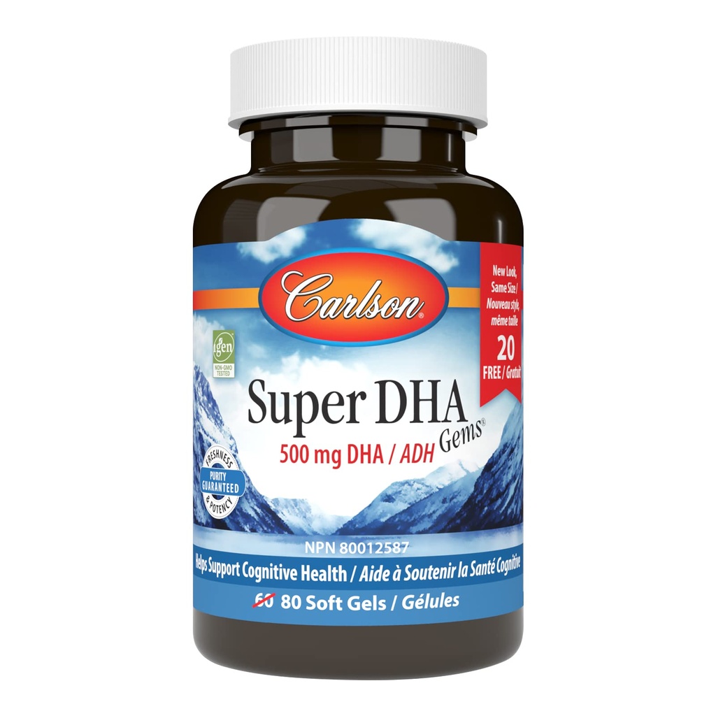 Carlson - Super DHA drahokamy, 500 mg DHA doplňky, 640 mg mastné kyseliny, Wild- Catched Norský Arctic Fish Oil koncentrát, Udržitelně sourced Nordic Fish Oil Capsules, 60 + 20 Softgels