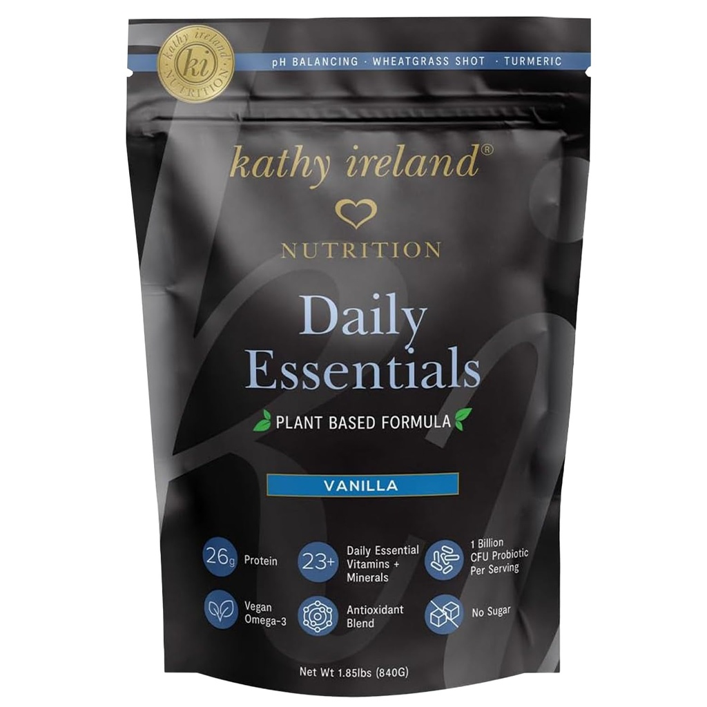 Kathy Ireland Plant- based Vanilla Protein Powder, 26g Protein, Low- Carb Meal Replacement, Pea, Mung & Fava Bean Blend with Probiotics, Vitamins & Minerals, 1,85 liber