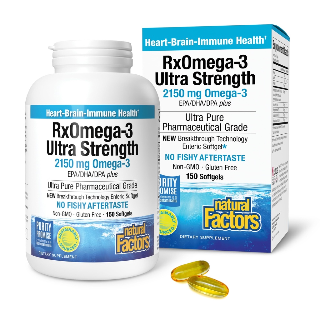 Přírodní faktory RxOmega-3 Ultra Strength - Dietní dodatek pro podporu zdraví mozku a srdce - Doplněk zdraví očí s EPA & DHA - Doplněk s Omega-3 mastné kyseliny - 150 Softgels (75 Služeb)