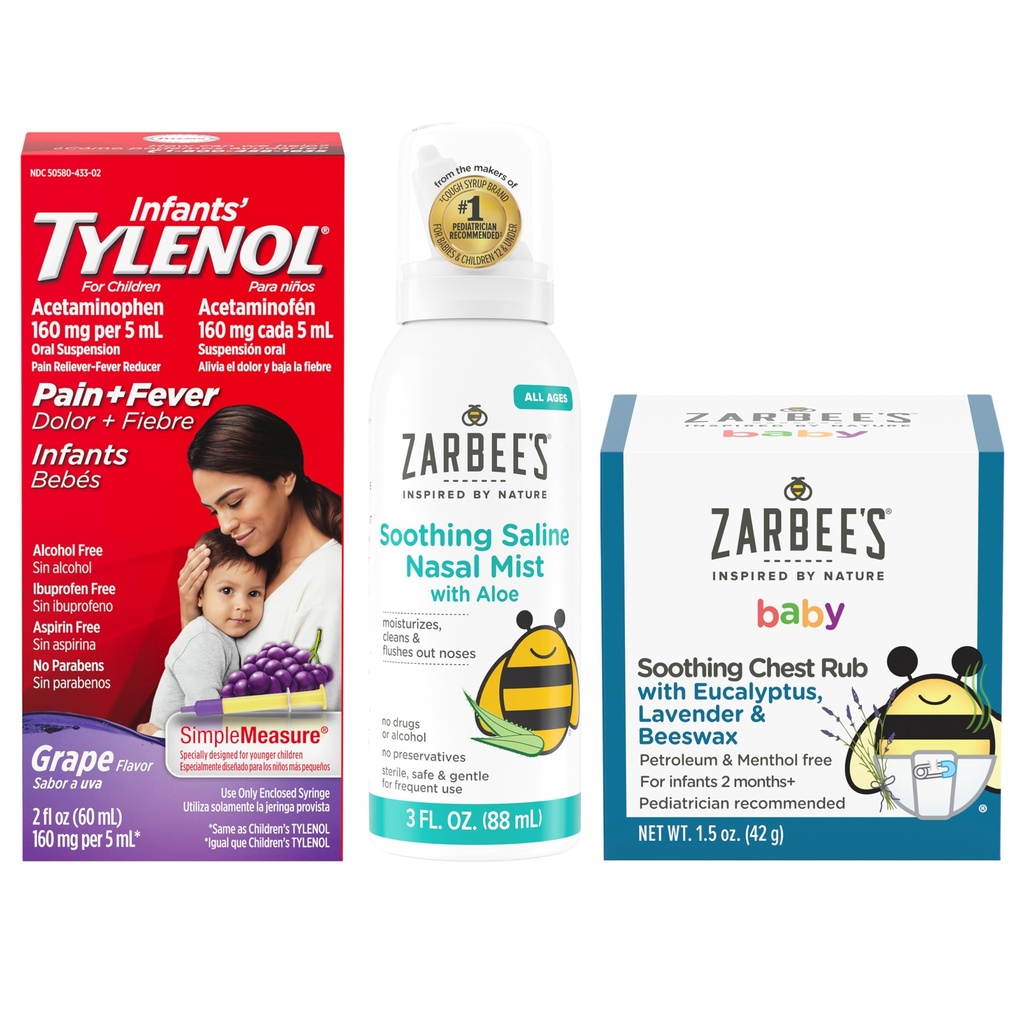 Tylenol a Zarbee dítě Essentials Bundle pro kojence: kojenci Acetaminophen Liquid Medicine, Zarbee dítě mýdlo Nasal Spray, a Zarbee dítě mýdlo Eucalyptus & Laverage hrudník Rub