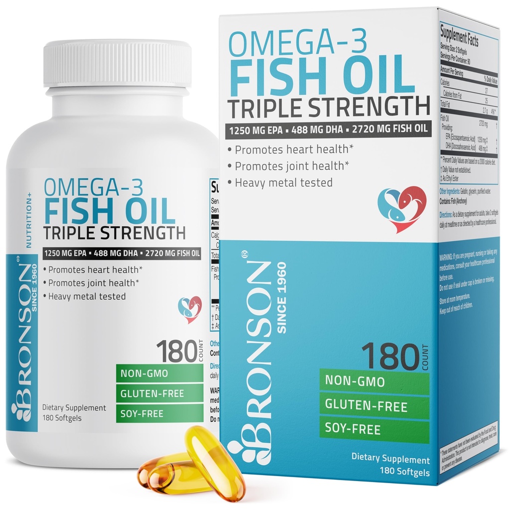 Bronson Omega 3 Fish Oil Triple Force 2720 mg, High EPA 1250 mg DHA 488 mg, Non- GMO Heavy Metal Tested, 180 Softgels